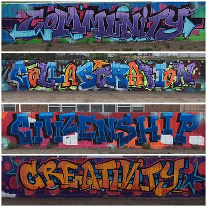 Four walls of graffiti with text